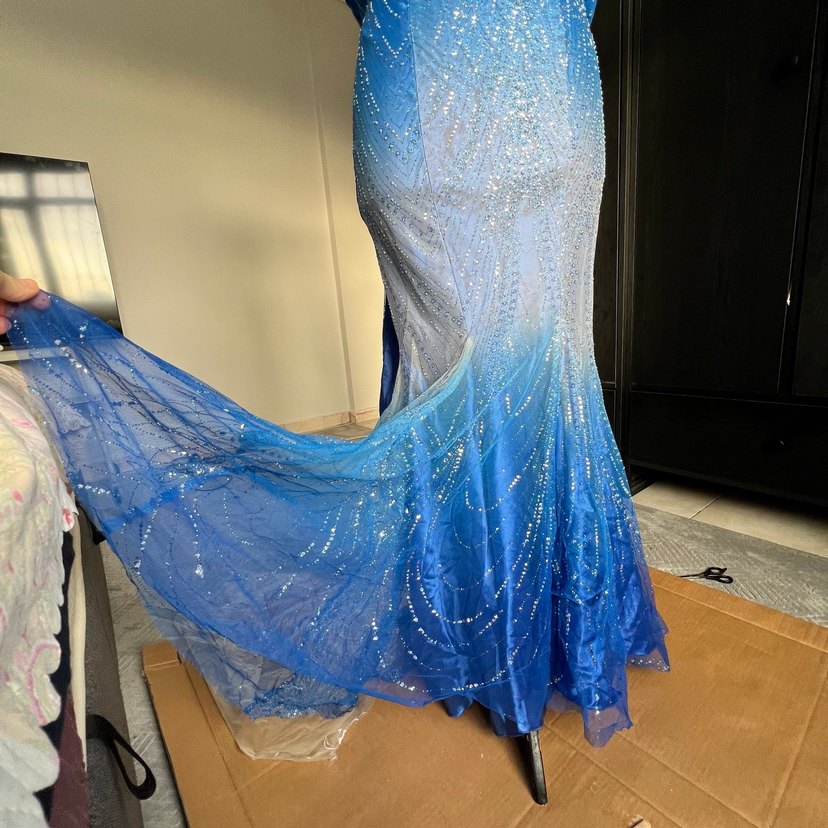 Mavi Drapeli Uzun balık Abiye Elbise - Görsel 5