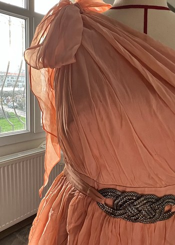 Forever şeftali pudra tonu Drapeli Midi Straplez Elbise - Görsel 11