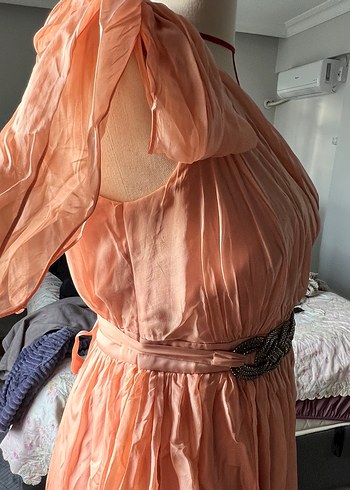 Forever şeftali pudra tonu Drapeli Midi Straplez Elbise - Görsel 10