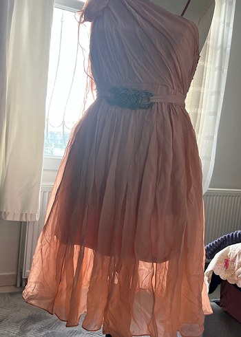 Forever şeftali pudra tonu Drapeli Midi Straplez Elbise - Görsel 12