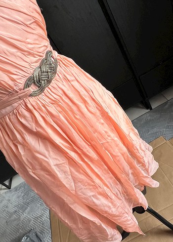 Forever şeftali pudra tonu Drapeli Midi Straplez Elbise - Görsel 4