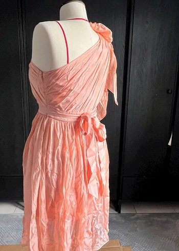 Forever şeftali pudra tonu Drapeli Midi Straplez Elbise - Görsel 8