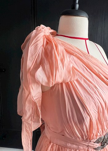 Forever şeftali pudra tonu Drapeli Midi Straplez Elbise - Görsel 2