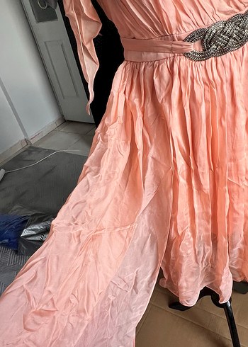 Forever şeftali pudra tonu Drapeli Midi Straplez Elbise - Görsel 5