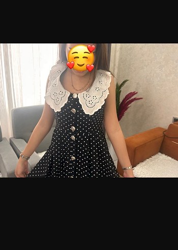 Puantiye Desenli Düğmeli Siyah Midi Elbise - Görsel 5