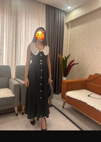 Puantiye Desenli Düğmeli Siyah Midi Elbise - Görsel 2