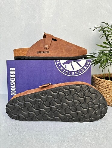 Birkenstock Taba renk suni deri Boston önü kapalı terlik