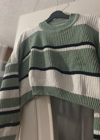 Yeşil beyaz Çizgili Örgü crop Kadın Kazak oversize S-M - Görsel 3