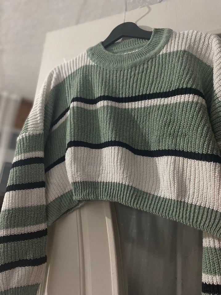 Yeşil beyaz Çizgili Örgü crop Kadın Kazak oversize S-M - Görsel 3