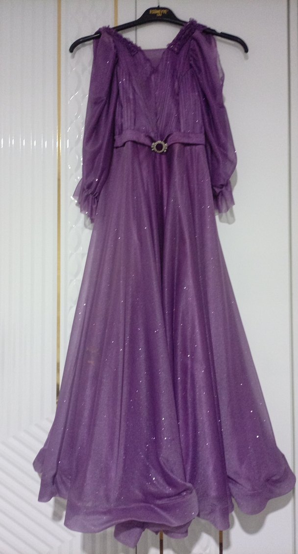 Mor Drapeli Uzun Vintage Kadın Abiye - Görsel 3