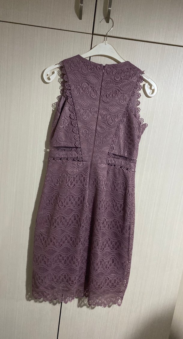 Dantel İşlemeli Mor Midi Elbise - Görsel 2