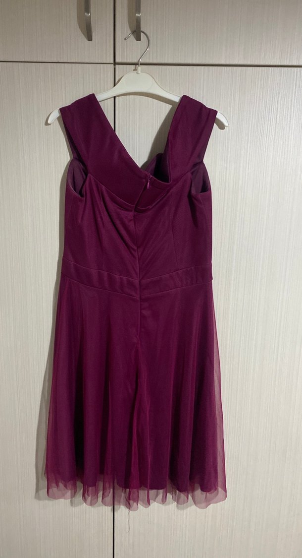 Bordo V Yakalı Midi Abiye Elbise - Görsel 2