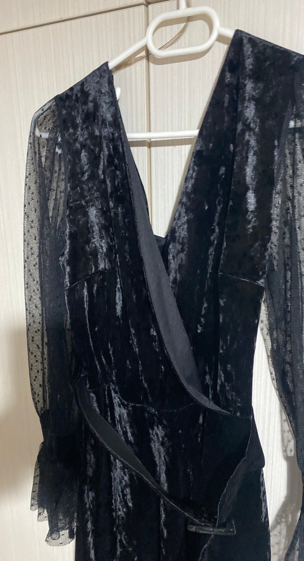 Drapeli Siyah Midi Gotik Kadın Elbise - Görsel 2