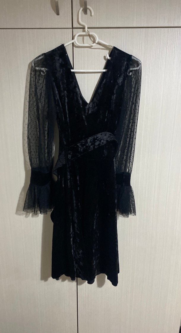 Drapeli Siyah Midi Gotik Kadın Elbise - Görsel 3