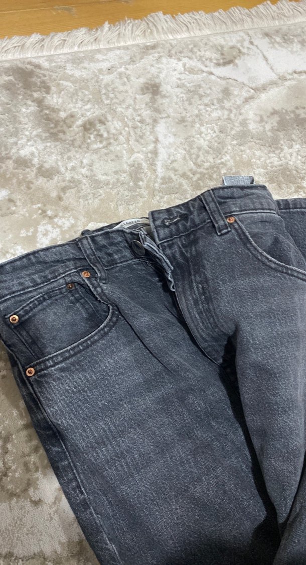 Gri Kadın Kot Pantolon, Bol Kesim, Kürklü Detaylı - Görsel 3