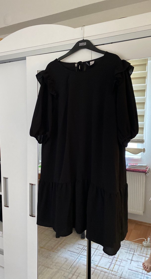 Siyah, Fırfırlı, Midi Boy, Gevşek Kesim Elbise - Görsel 2