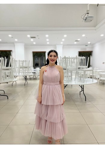 Pembe Uzun Katlı Abiye Elbise