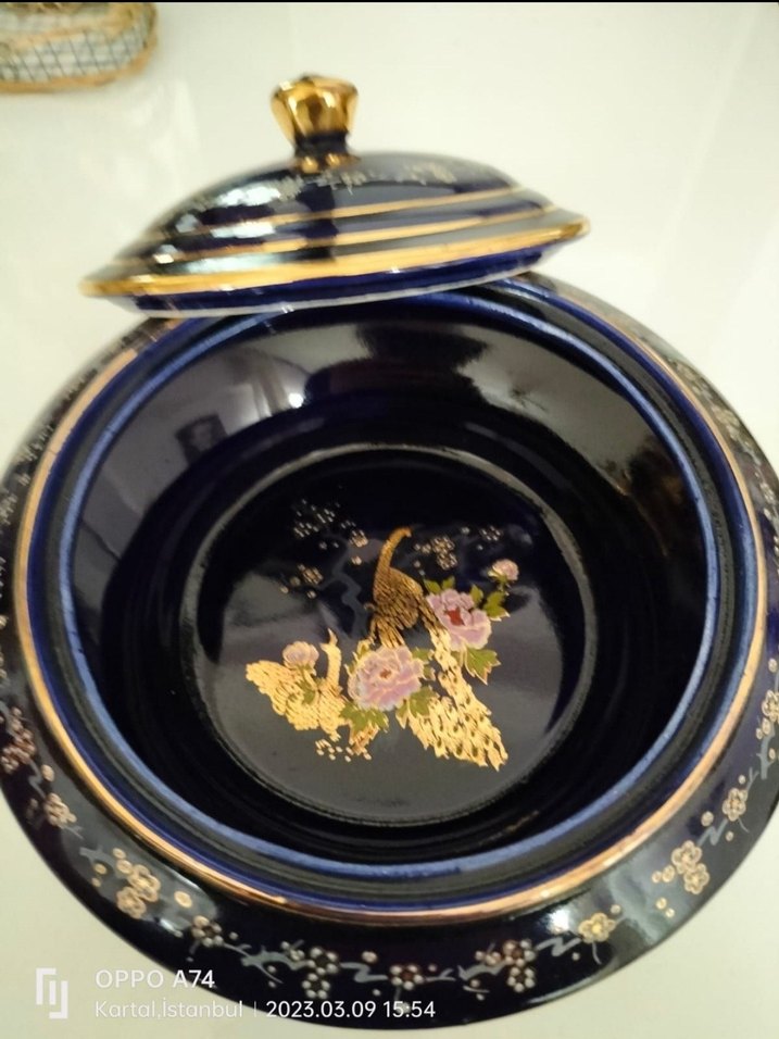 Vintage Kapaklı Kobalt Seramik Şekerlik 17 cm. - Görsel 2