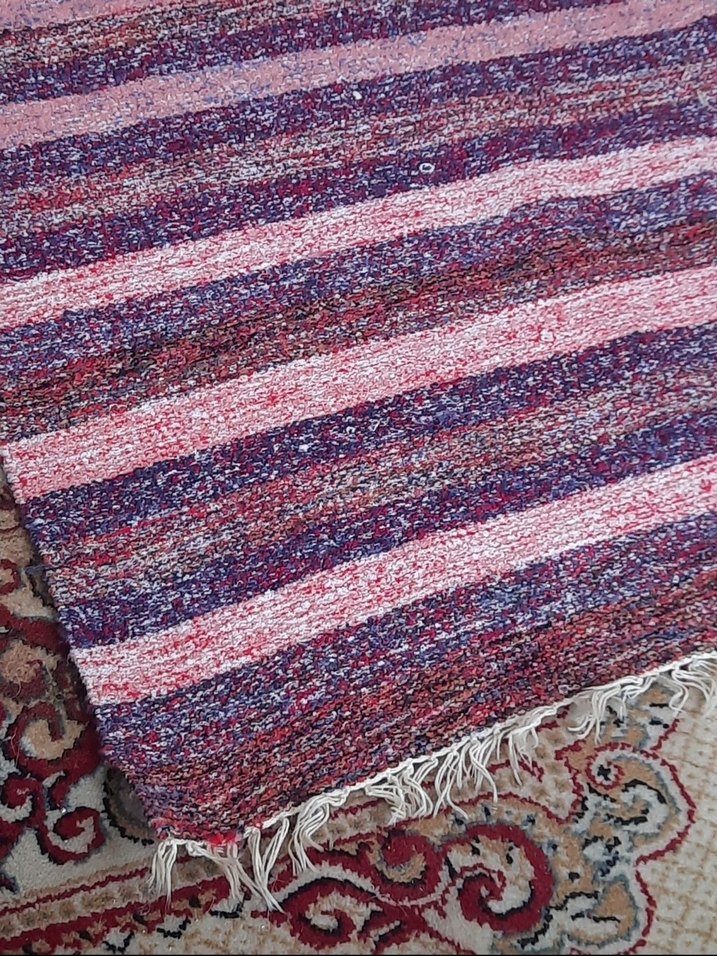 Anadolu Renkli Çizgili Yün El Dokuma Kök Boya Kilim - Görsel 3