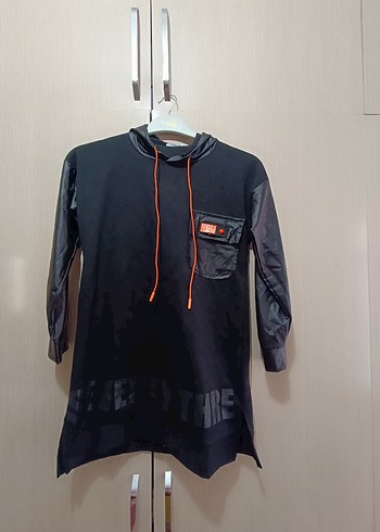 l Beden siyah Renk Kemerli Siyah Kapüşonlu Mini Sweatshirt