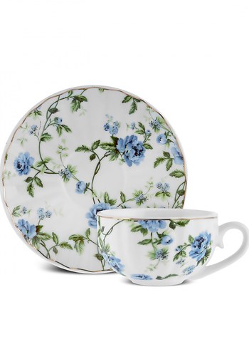 Pastel Mavi Çiçek Desenli Beyaz Fincan ve Tabak - Görsel 2