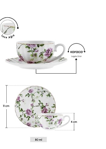 Pastel Mavi Çiçek Desenli Beyaz Fincan ve Tabak - Görsel 3