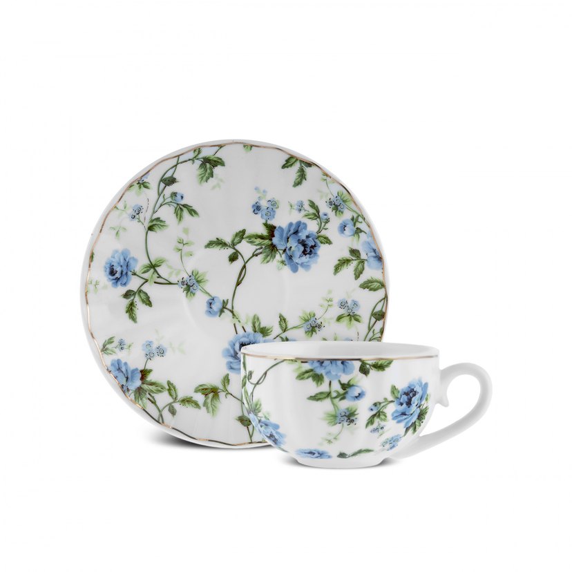 Pastel Mavi Çiçek Desenli Beyaz Fincan ve Tabak - Görsel 2