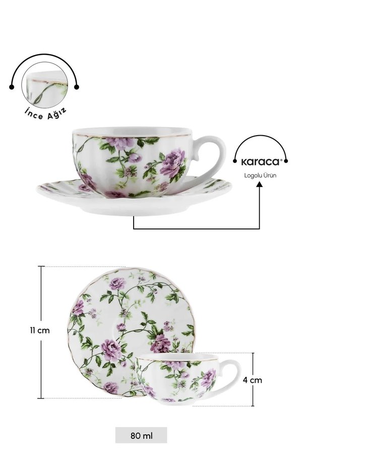 Pastel Mavi Çiçek Desenli Beyaz Fincan ve Tabak - Görsel 3