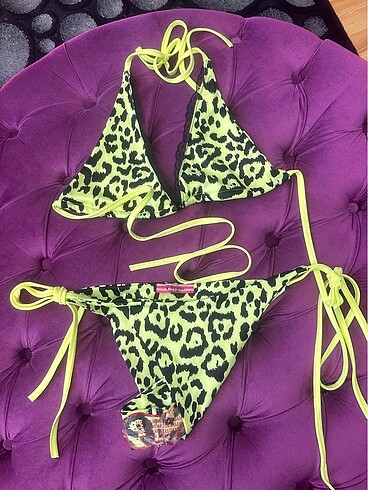 Neon leopar desenli bikini