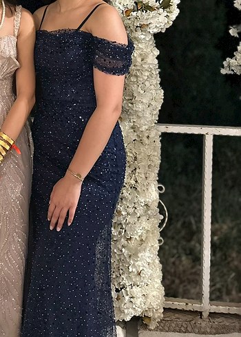Abiye Modonno Yaka Lacivert Payetli Uzun Abiye Elbise