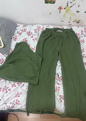 Örgü Dokulu Salaş Yeşil Kadın Pantolon - Görsel 5