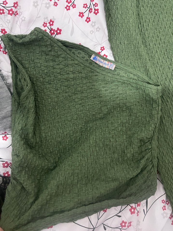 Örgü Dokulu Salaş Yeşil Kadın Pantolon - Görsel 2