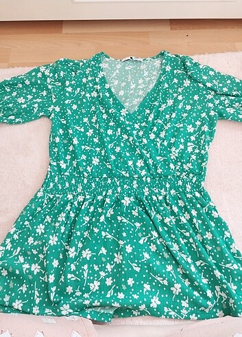 Yeşil çiçekli mini elbise tunik