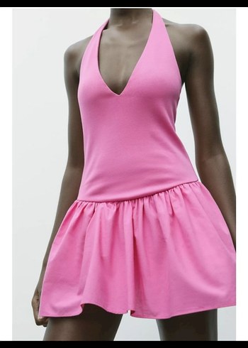 Zara Pembe V Yakalı Mini Elbise zara kontrast halter yaka elbise