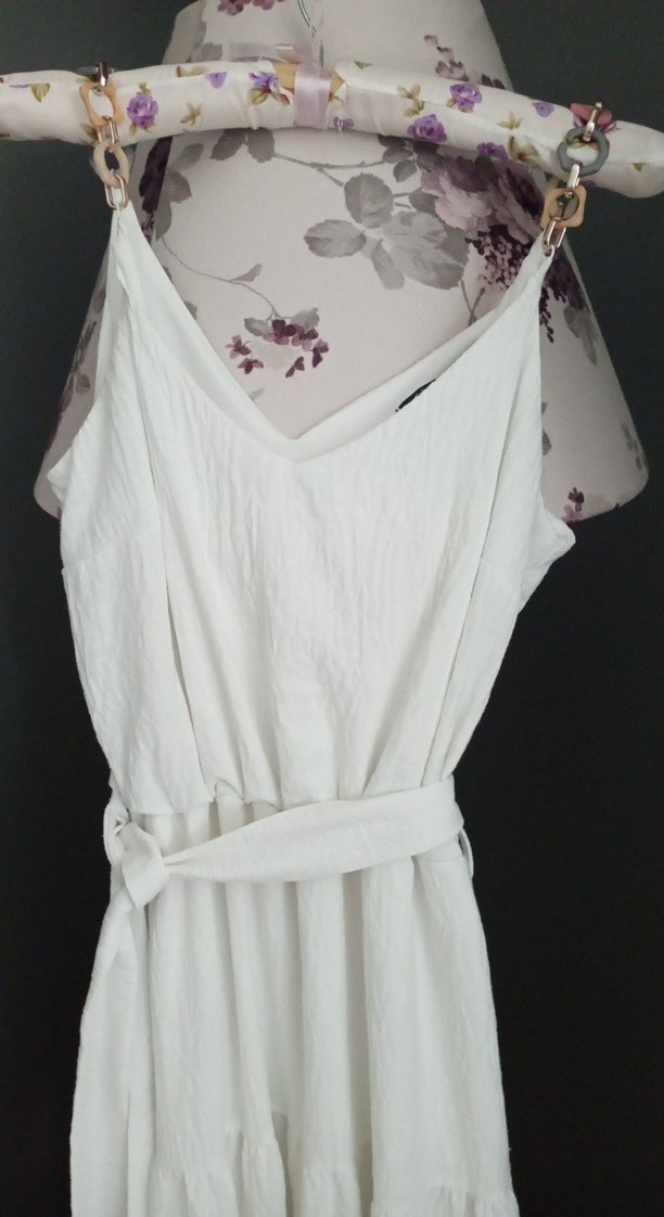 Beyaz Keten Uzun Askılı Bohem Elbise - Görsel 3