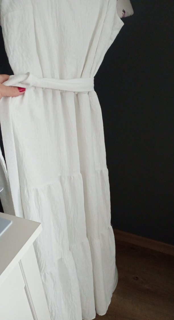 Beyaz Keten Uzun Askılı Bohem Elbise - Görsel 2