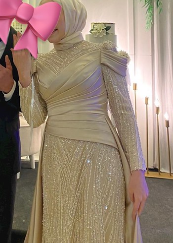 Bej Uzun Kollu Drapeli Çiçekli Abiye - Görsel 3