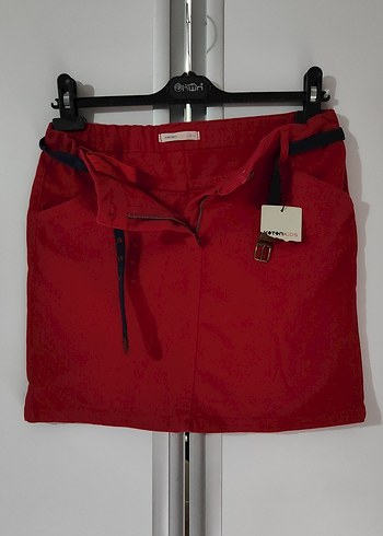 Kemerli Kırmızı Mini kot Etek - Görsel 3