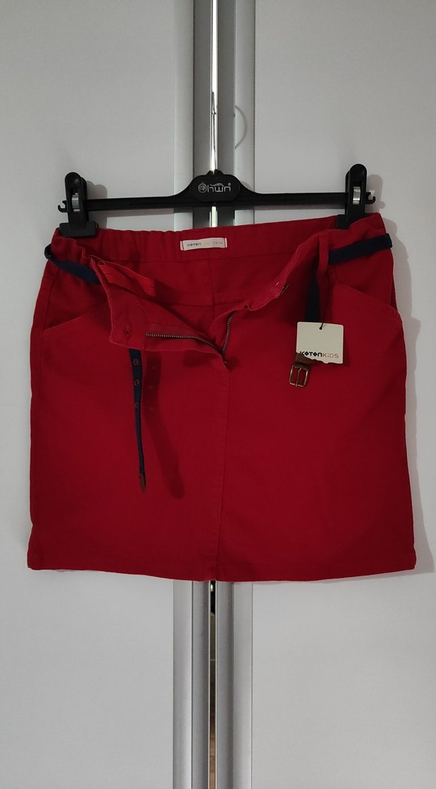 Kemerli Kırmızı Mini kot Etek - Görsel 3