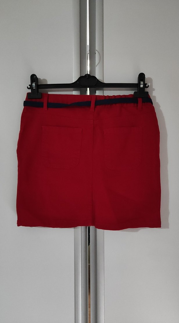 Kemerli Kırmızı Mini kot Etek - Görsel 2