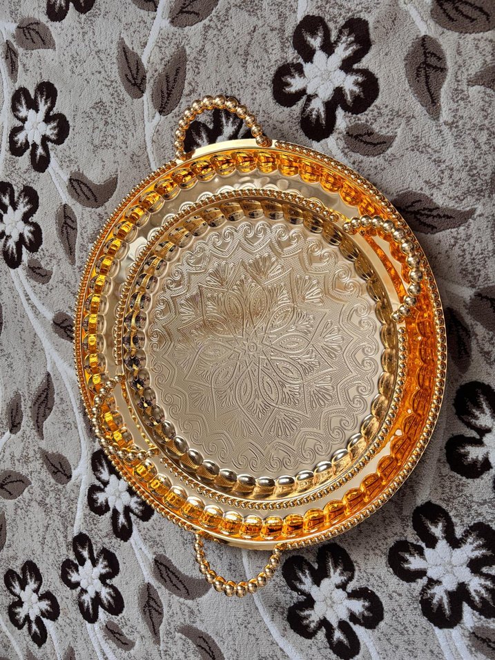 Çelik paslanmaz Altın Renkli İşlemeli İki Parça Tepsi Seti - Görsel 2