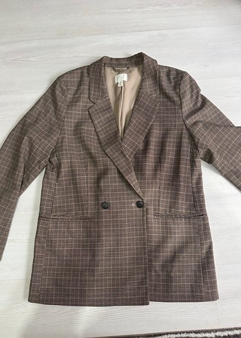 Düğmeli Kahverengi Ekose Kadın Blazer Ceket - Görsel 7