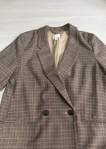 Düğmeli Kahverengi Ekose Kadın Blazer Ceket - Görsel 2
