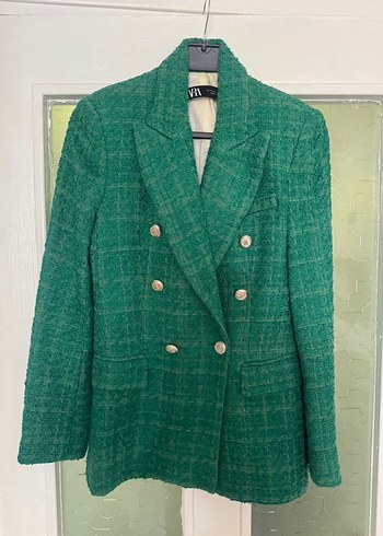 Tüvit Düğmeli Yeşil Ekose Midi Blazer - Görsel 2