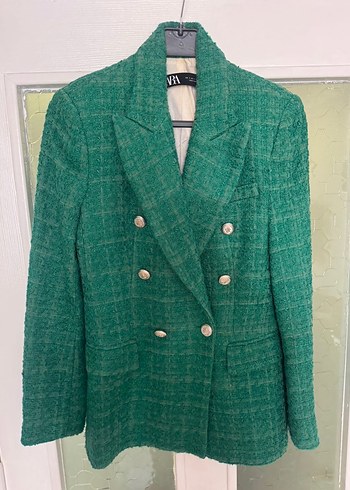 Tüvit Düğmeli Yeşil Ekose Midi Blazer - Görsel 6