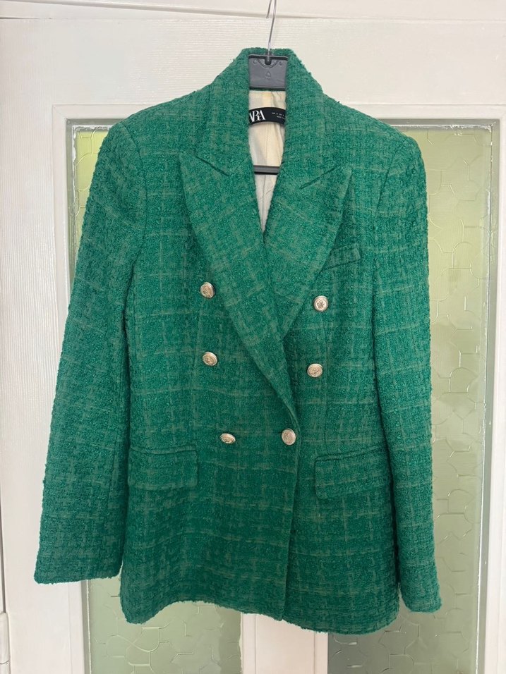 Tüvit Düğmeli Yeşil Ekose Midi Blazer - Görsel 2