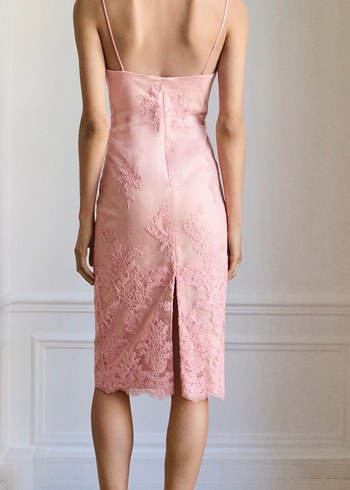 Dantel İşlemeli Pembe Midi Abiye Elbise - Görsel 2