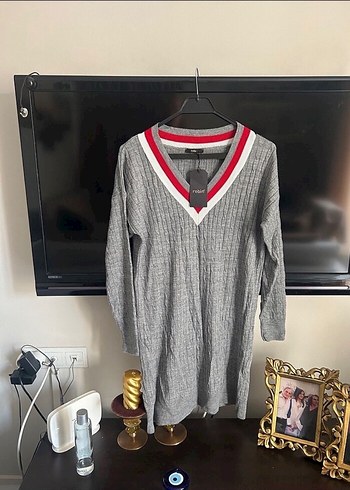 Robin Gri Uzun Kollu V Yaka Triko Elbise - Görsel 2