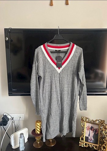 Robin Gri Uzun Kollu V Yaka Triko Elbise - Görsel 6