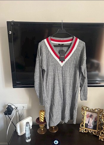 Robin Gri Uzun Kollu V Yaka Triko Elbise - Görsel 5